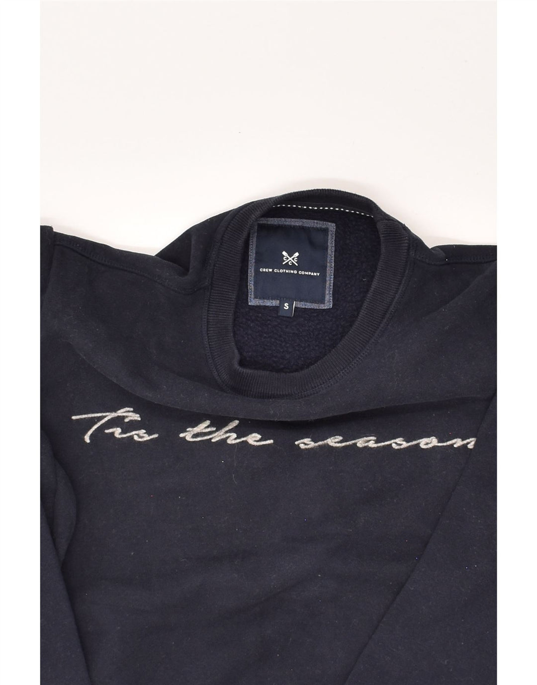 CREW CLOTHING Mens Graphic Sweatshirt Jumper Small Navy Blue Cotton | Vintage Crew Clothing | Thrift | Second-Hand Crew Clothing | Used Clothing | Messina Hembry 
