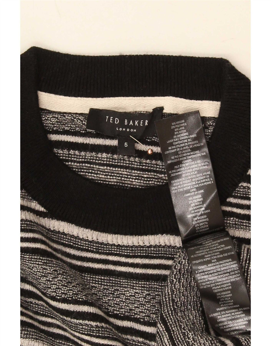 Ted Baker Herre Crew Neck Jumper Sweater Størrelse 5 XL Sort Stribet Viscose