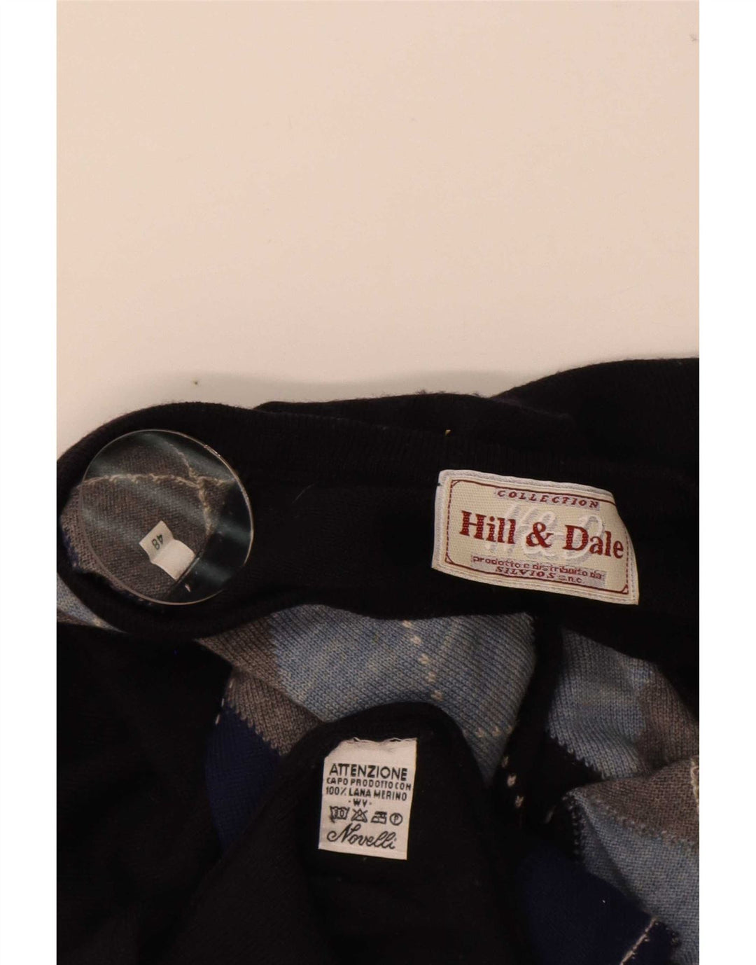 Vintage Herre V-hals sweater IT 48 Medium Navy Blue Argyle/Diamond