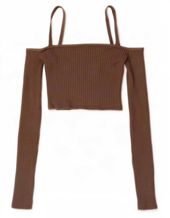 Zara Womens Off Shoulder Crop Top UK 10 Small Brown Viscose