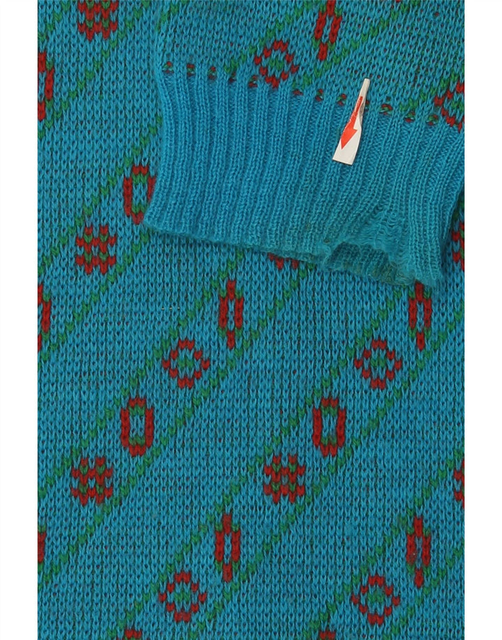 Vintage herre V-hals sweater stor blå geometrisk uld