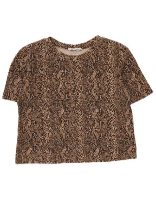 Zara Dame Trafaluc Crop T-Shirt Top UK 12 Medium Brown Animal Print
