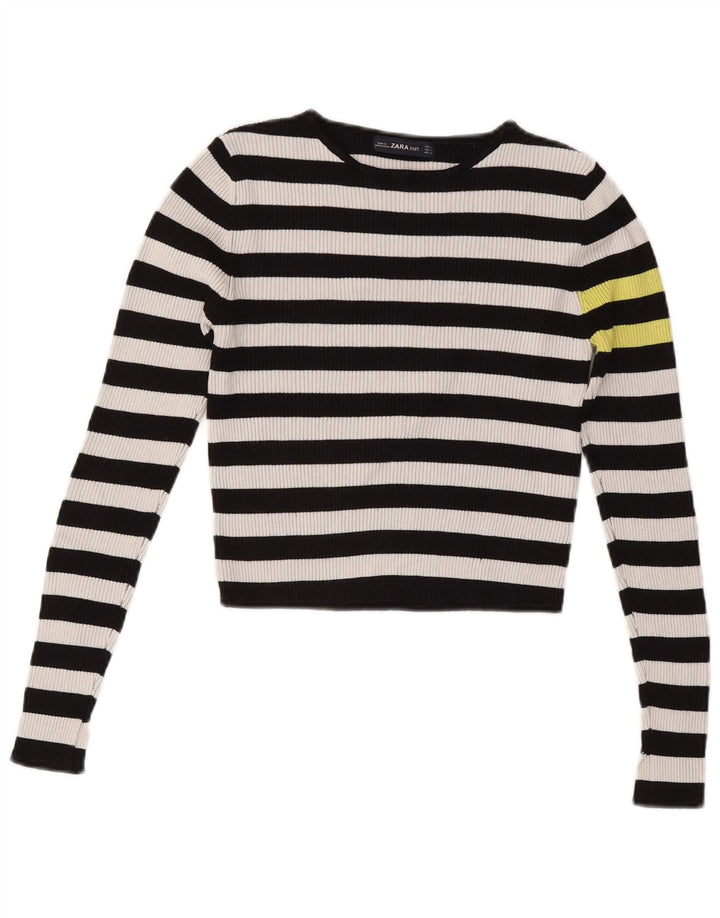 ZARA Dame Crop Boat Neck Jumper Sweater UK 12 Medium Sort Stribet