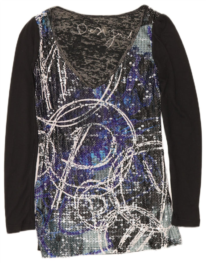 DESIGUAL Dame Grafisk Top Langærmet UK 10 Lille Sort Polyester