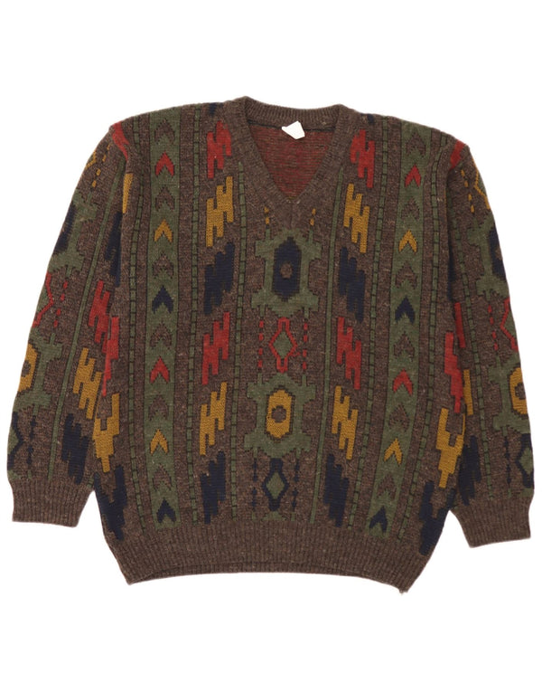 Vintage Herre V-hals sweater UK 38/40 Medium Khaki Geometrisk