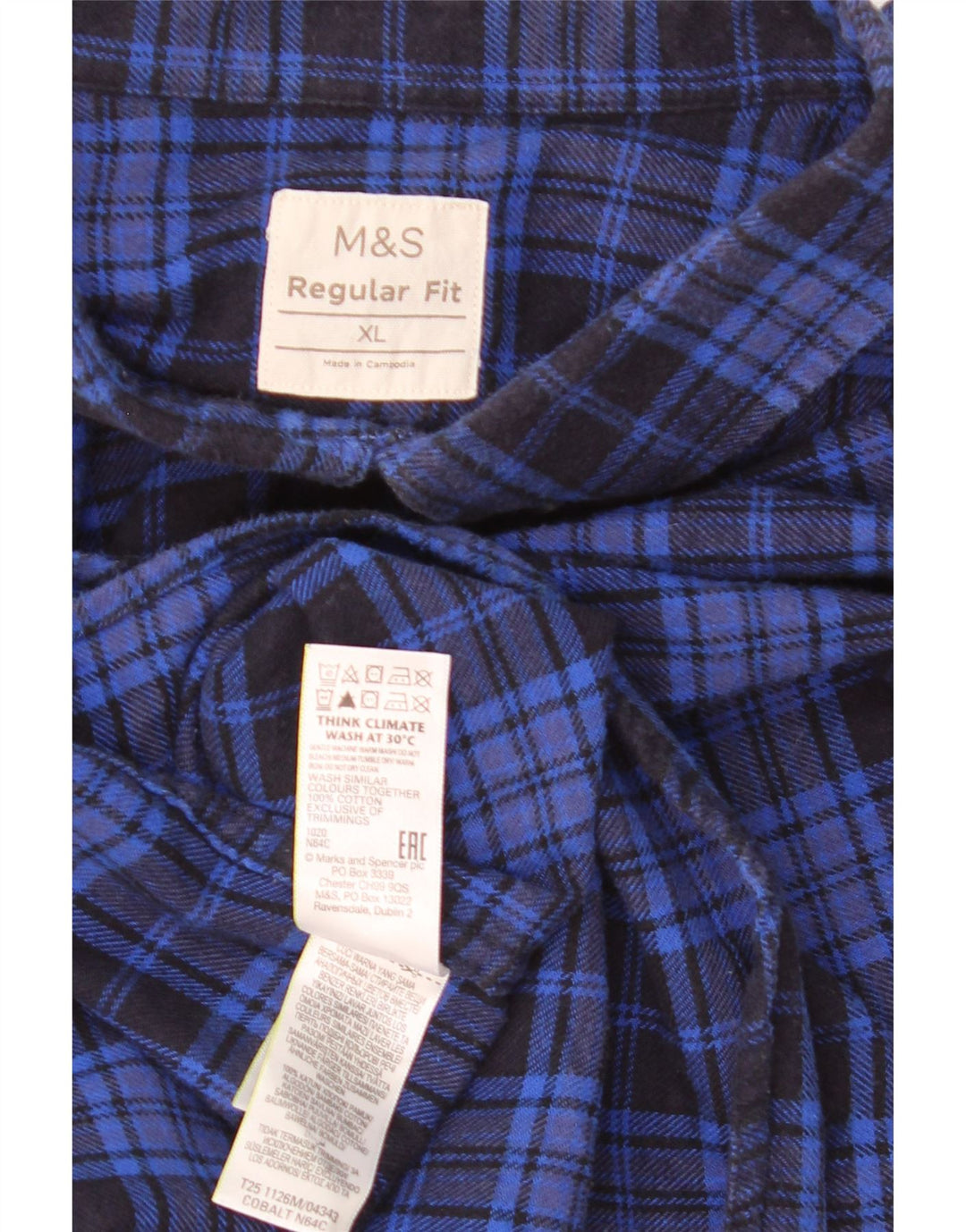 Marks & Spencer Herre Regular Fit Flanelskjorte XL blå ternet bomuld