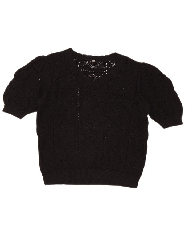 Vintage Dame Kortærmet V-hals Jumper Sweater UK 12 Medium Sort