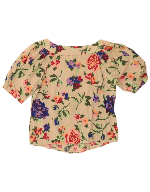Vintage Womens Crop kortærmet skjortebluse IT 40 Small Beige Floral