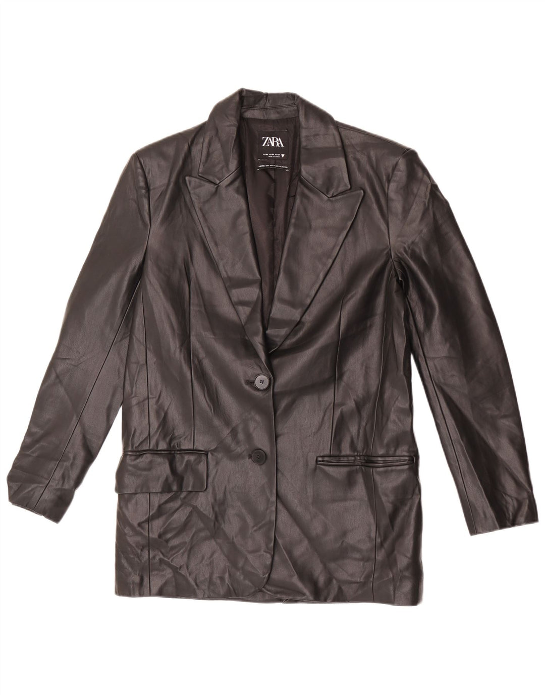 Zara Dame Oversized 2 Buttons imiteret læder Blazer Jacket UK 6 XS Sort