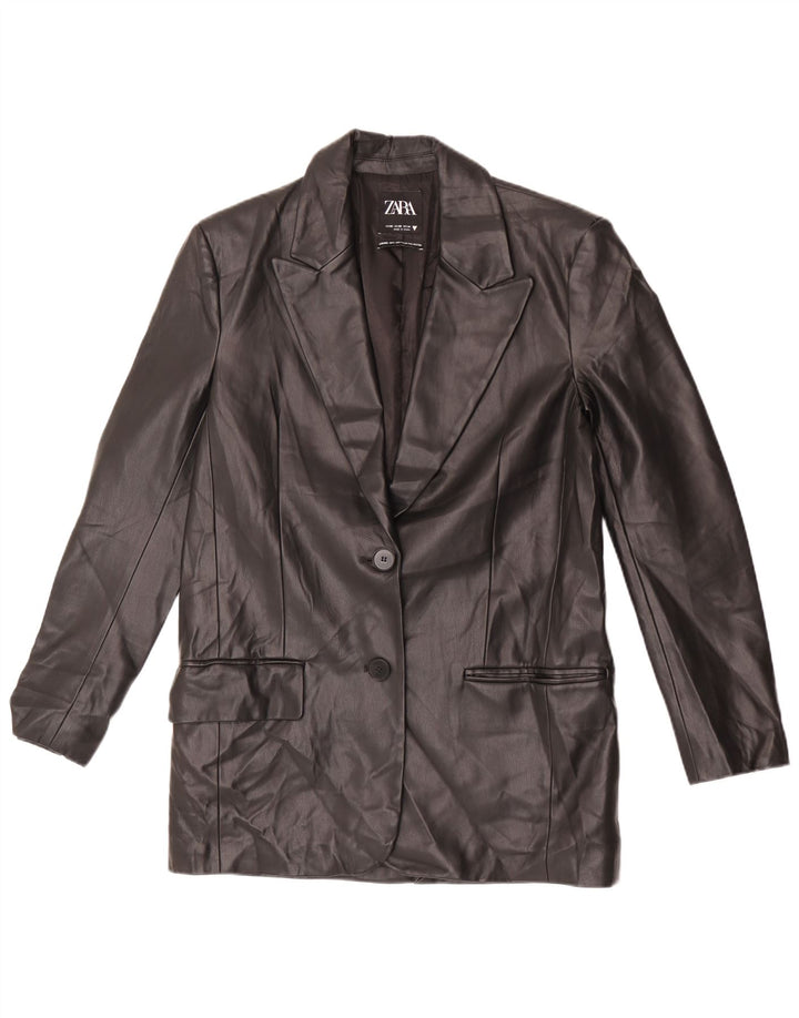 Zara Dame Oversized 2 Buttons imiteret læder Blazer Jacket UK 6 XS Sort