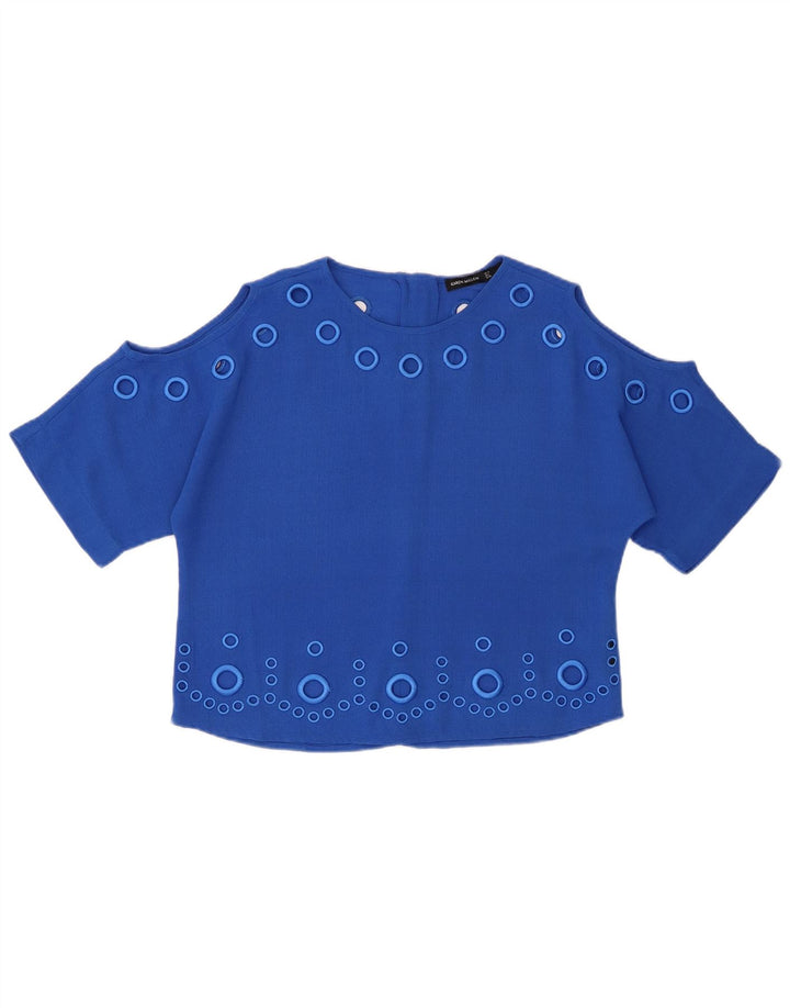 KAREN MILLEN Dame Oversized Crop Bluse Top UK 10 Small Blue Polyester