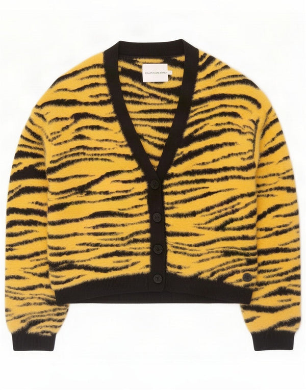 Calvin Klein Jeans Womens Cardigan Sweater US 12 Large Yellow Animal Print