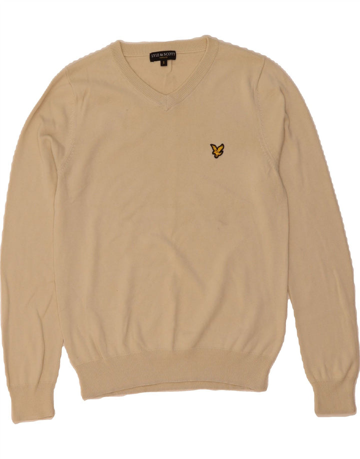 LYLE & SCOTT Mens V-Neck Jumper Sweater Small Beige Cotton Vintage Lyle & Scott and Second-Hand Lyle & Scott from Messina Hembry 
