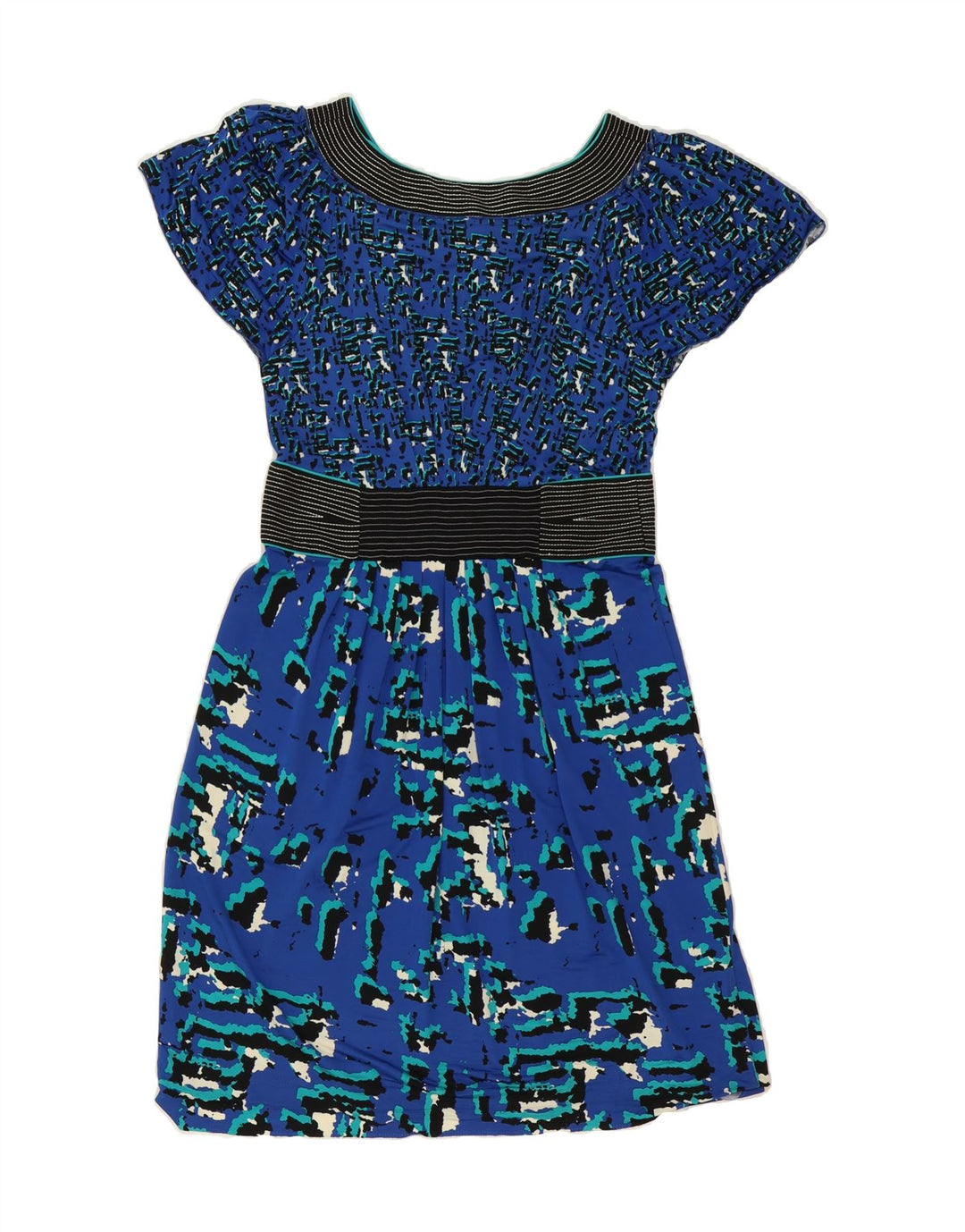 BCBGMAXAZRIA Womens Abstract Pattern A-Line Dress UK 12 Medium Blue Rayon Vintage BCBGMAXAZRIA and Second-Hand BCBGMAXAZRIA from Messina Hembry 