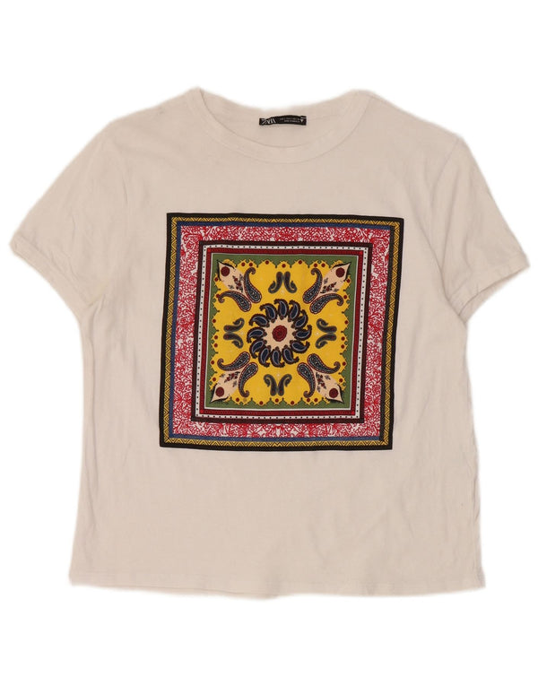 Zara Dame Grafisk T-Shirt Top UK 14 Stor Hvid Paisley Bomuld