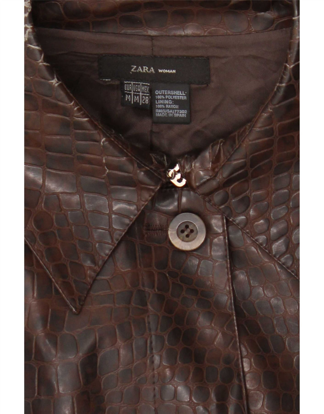 Zara Dame imiteret læder overfrakke UK 12 Medium Brown Animal Print Polyester