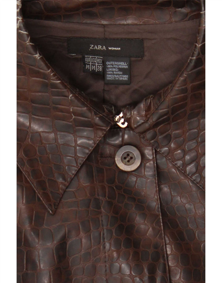 Zara Dame imiteret læder overfrakke UK 12 Medium Brown Animal Print Polyester