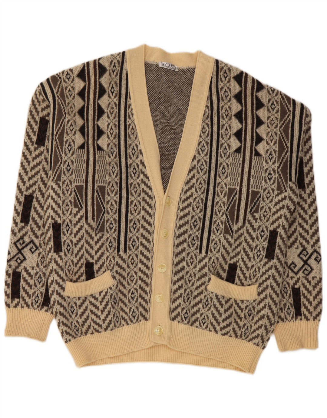 FALCARO Herre Cardigan Sweater IT 52 Stor Beige Geometrisk Uld