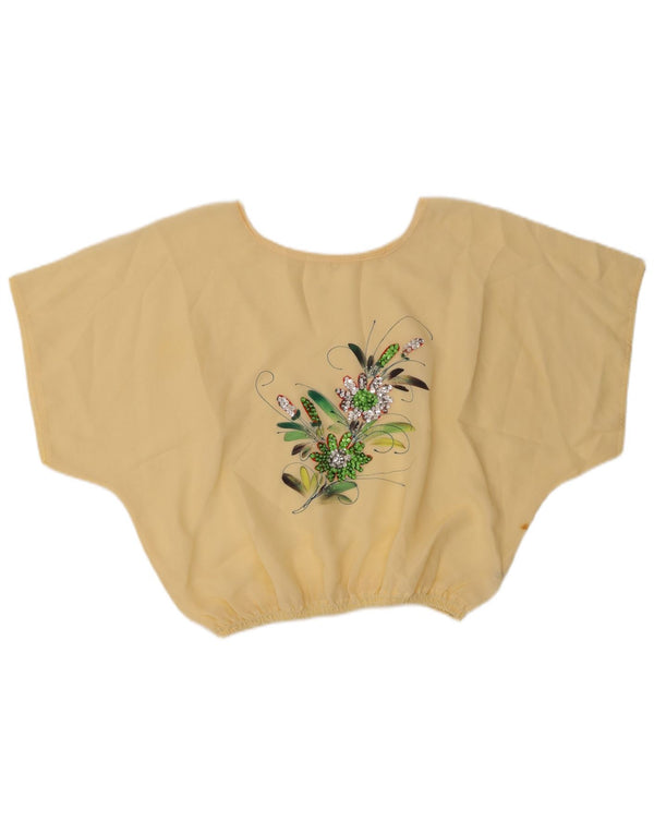 Vintage Womens Crop Bluse Top UK 16 Large Beige Floral Polyester
