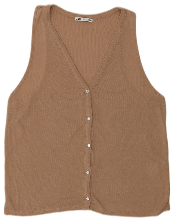 Zara Dame Ærmeløs Cardigan Top UK 14 Stor Beige Viscose