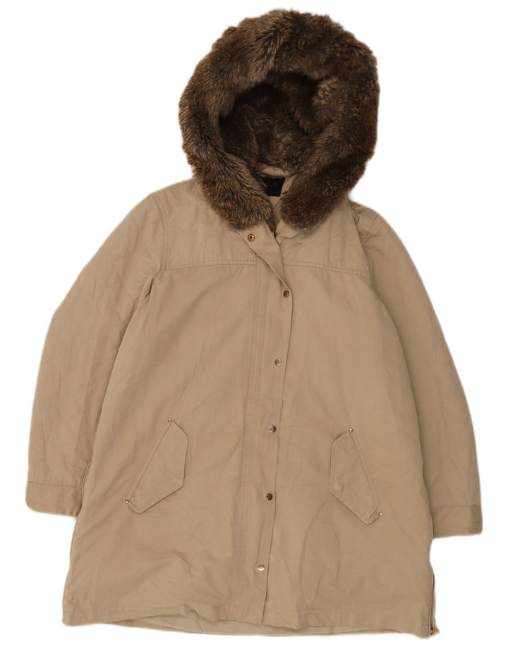 Zara Dame Hætte Polstret Frakke UK 18 XL Beige Polyester