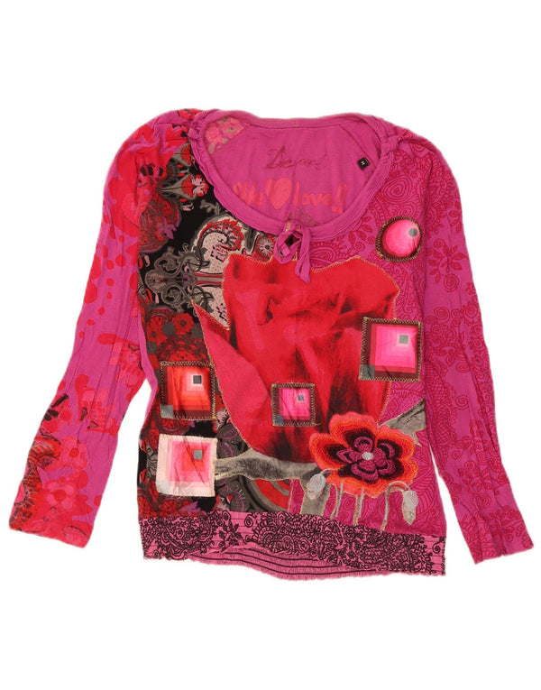 Desigual Dame Grafisk Top Langærmet UK 14 Medium Pink Floral Bomuld