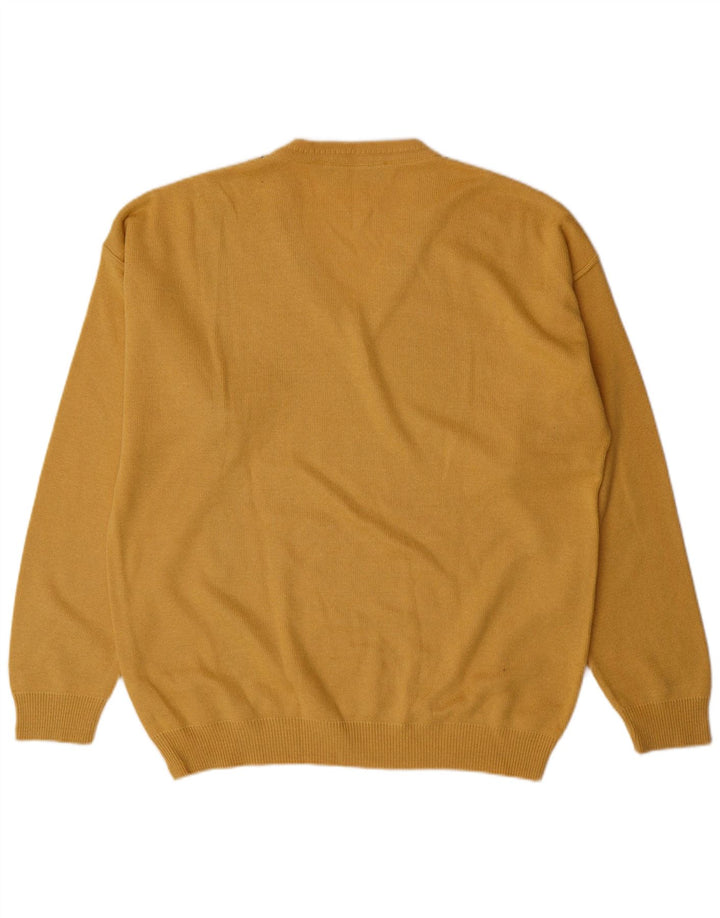 VINTAGE Mens V-Neck Jumper Sweater Large Yellow Argyle/Diamond Acrylic