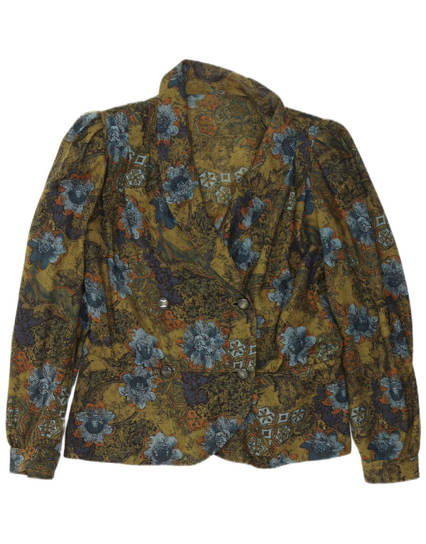 Vintage Dame Langærmet Cardigan Top UK 14 Large Green Floral Retro