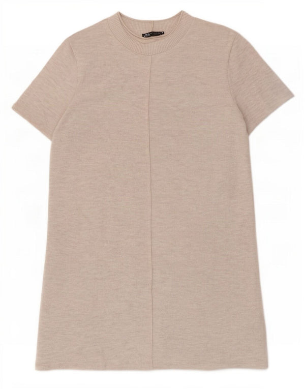 Zara Kortærmede Jumper Kjole til kvinder UK 12 Medium Beige Polyester