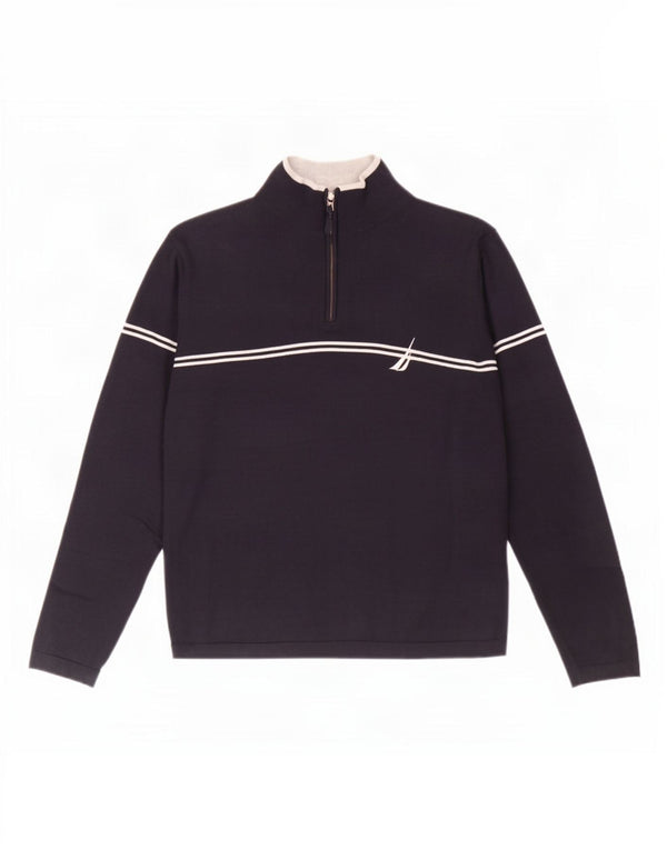 Nautica Herre Zip Neck Jumper Sweater Stor Marineblå Stribet Bomuld