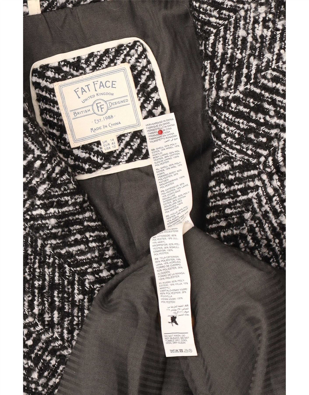 Fat Face Dame Loose Fit Overfrakke UK 14 Large Black Herringbone Classic