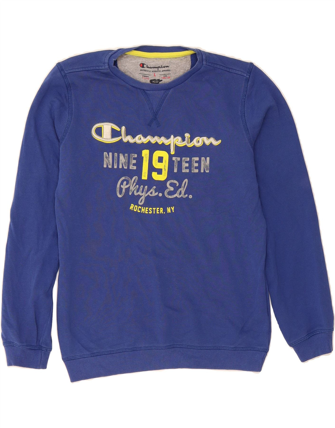 CHAMPION Boys Graphic Sweatshirt Jumper 11-12 Years Large Blue Cotton Vintage Champion and Second-Hand Champion from Messina Hembry 