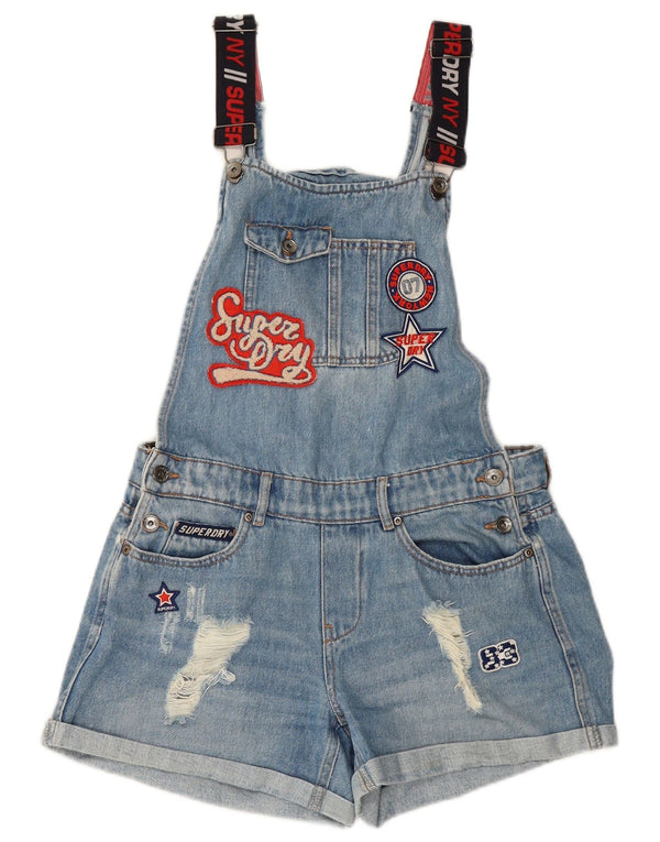SUPERDRY Kvinders Distressed Dungarees Denim Shorts UK 12 Medium W28 Blue