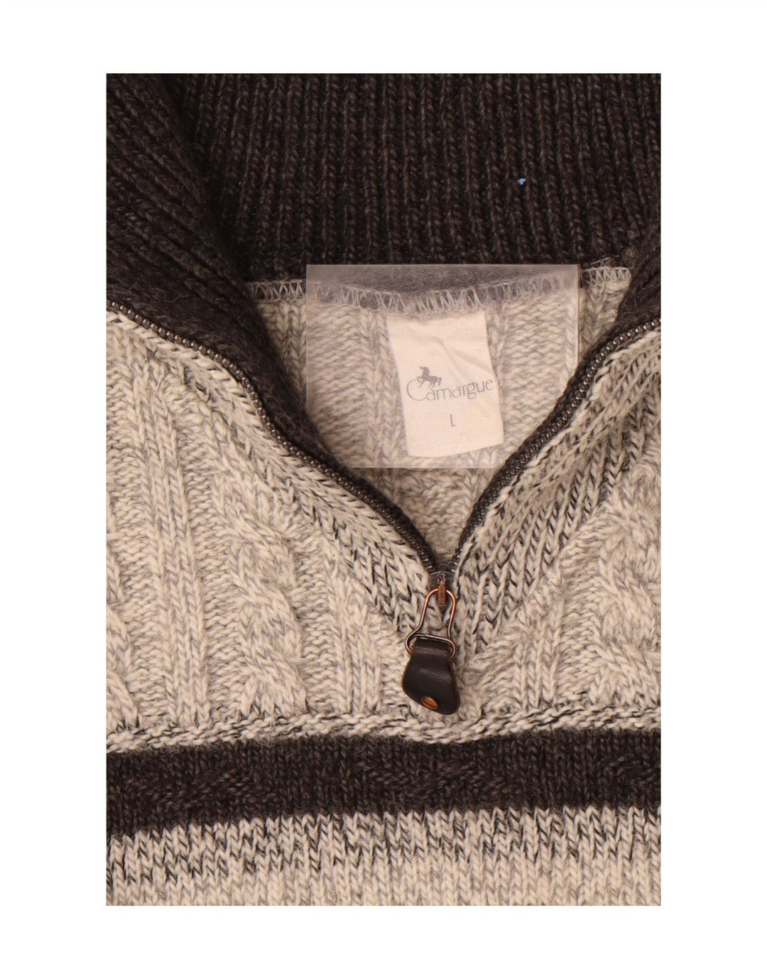 CAMARGUE Mens Zip Neck Jumper Sweater Large Grey Striped Polyacrylic