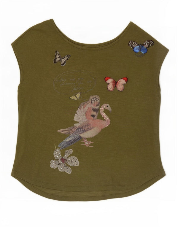 Desigual Dame Grafisk T-Shirt Top UK 10 Lille Khaki Bomuld