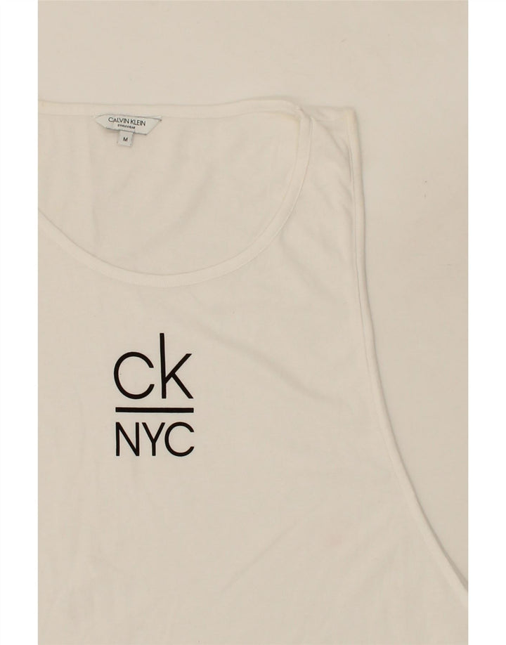 CALVIN KLEIN Womens NYC Graphic Asymmetric Vest Top UK 14 Medium White Vintage Calvin Klein and Second-Hand Calvin Klein from Messina Hembry 