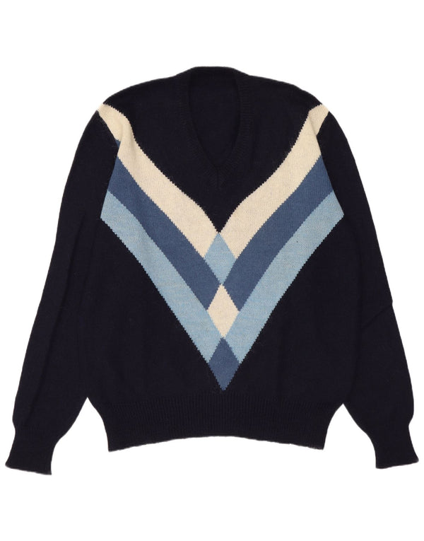 Vintage herre V-hals sweater stor marineblå colourblock Alpaca uld