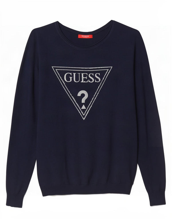 Guess Dame Grafisk Boat Neck Jumper Sweater UK 14 Medium Navy Blue