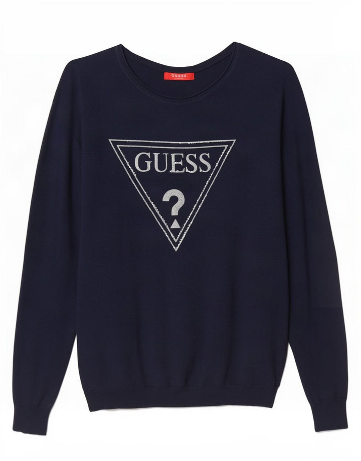 Guess Dame Grafisk Boat Neck Jumper Sweater UK 14 Medium Navy Blue