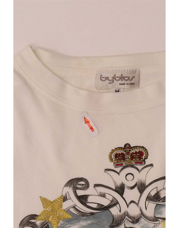 Byblos Herre Grafisk T-Shirt Top Medium Hvid Bomuld