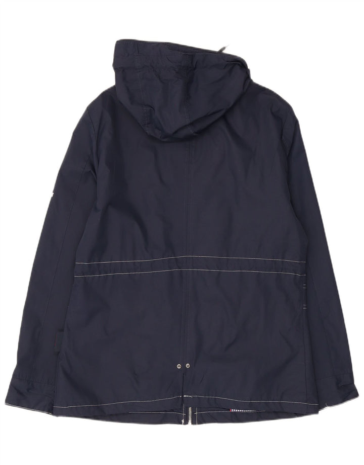 Vintage kvinders grafisk regnjakke med hætte UK 12 Mellem marineblå polyester