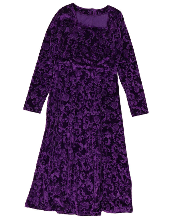 Vintage Dame Velvet Maxi Kjole UK 14 Large Purple Floral Polyester