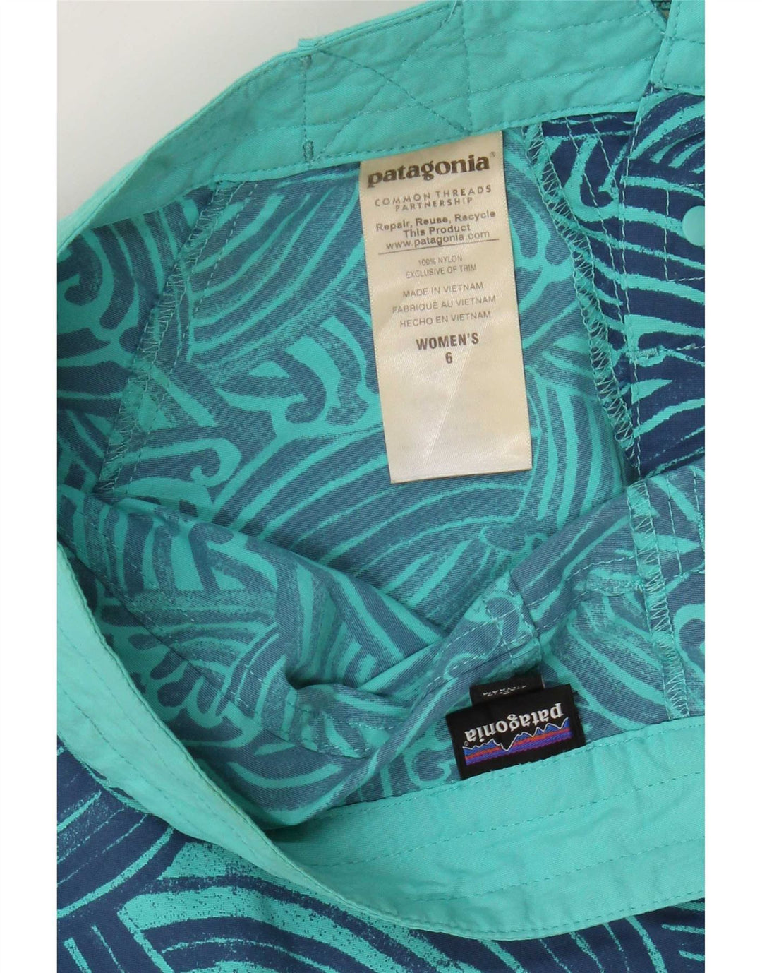 Patagonia kvinders abstrakt mønster svømmeshorts US 6 medium blå nylon