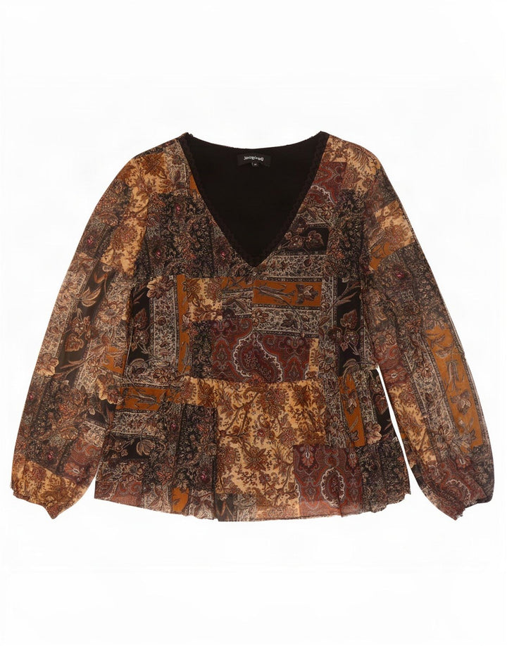 Desigual Dame Langærmet Bluse Top UK 14 Medium Brun Paisley Polyester