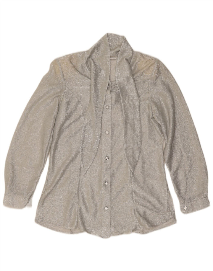 Vintage Dame Front Tie Shirt Bluse UK 12 Medium Sølv Flecked