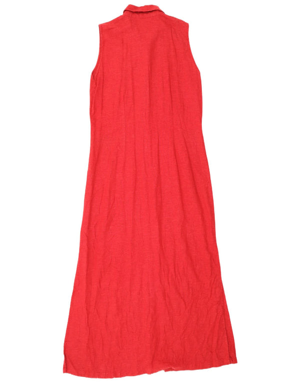Vintage dame ærmeløs Maxi skjortekjole UK 14 Large Red Linen