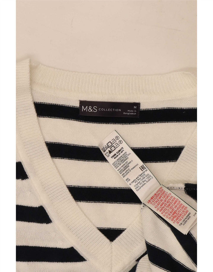 Marks & Spencer Dame V-hals sweater UK 14 Mellem hvid stribet