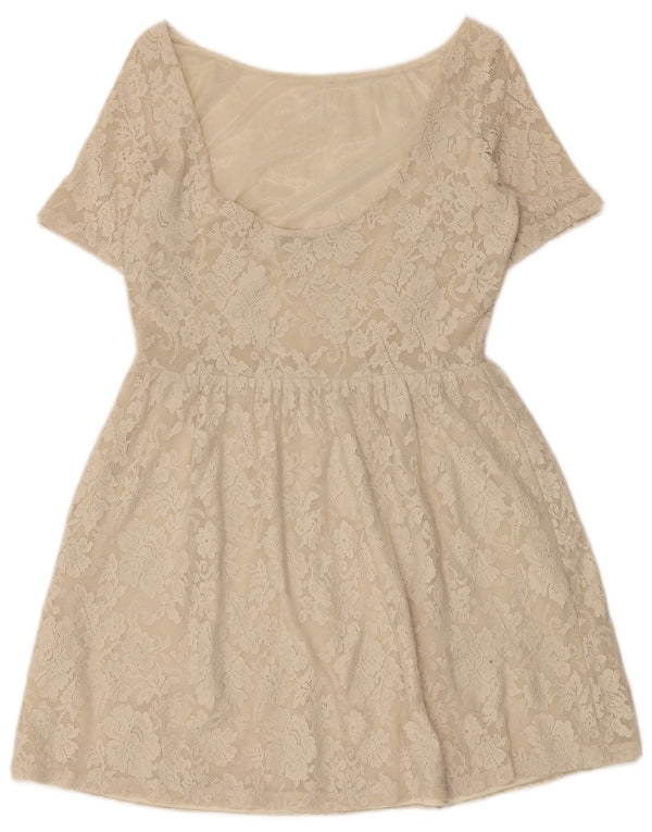 Zara Kvinder Blonde A-Line Kjole UK 12 Medium Beige Floral Polyamid