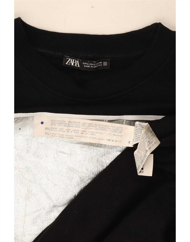 Zara Dame Grafisk Oversized Sweatshirt Jumper UK 16 Stor Sort Bomuld