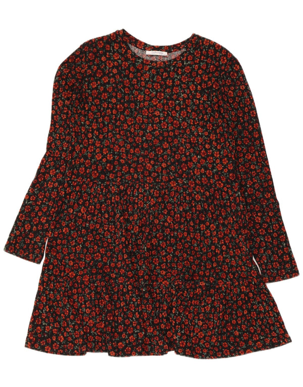 Zara Dame Langærmet Tiered Kjole UK 12 Medium Black Floral